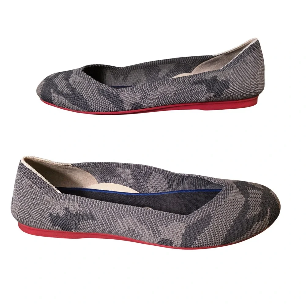 Rothys The Flat Grey Camo Knit Ballet Flats Red Sole Womens 8.5 Camouflage Round